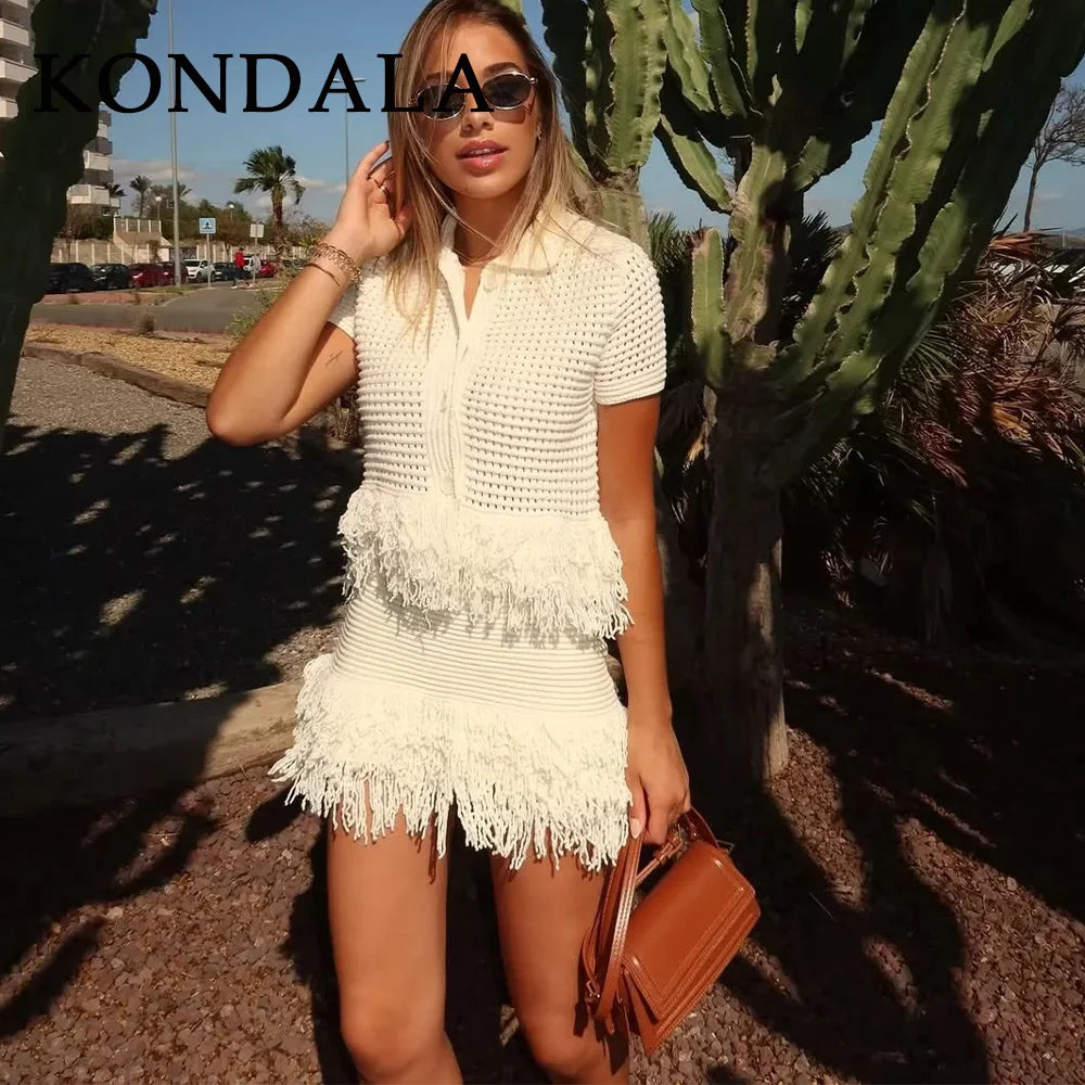 KONDALA 2026 Spring Summer Elegant Knitted Tassel Solid Women Suit Turndown Collar Hollow Out Shirt Elastic Wasit Mini Skirt