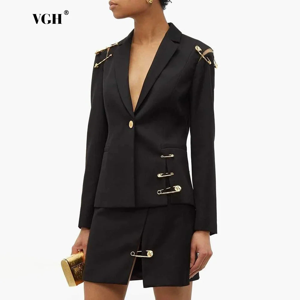 VGH Chic Spliced Metal Pin Slimming Blazer for Women Notched Collar Long Sleeve Patchwork Mesh Hollow Out Fashion Jacket Female