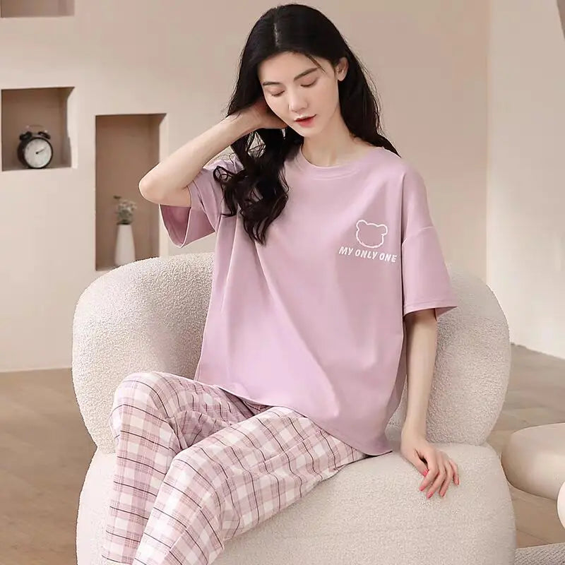 Newest 100% Cotton Women Pajamas Set Summer Short-sleeve Sleepwear Women's Simple Loose Home Wear Large Size 3XL