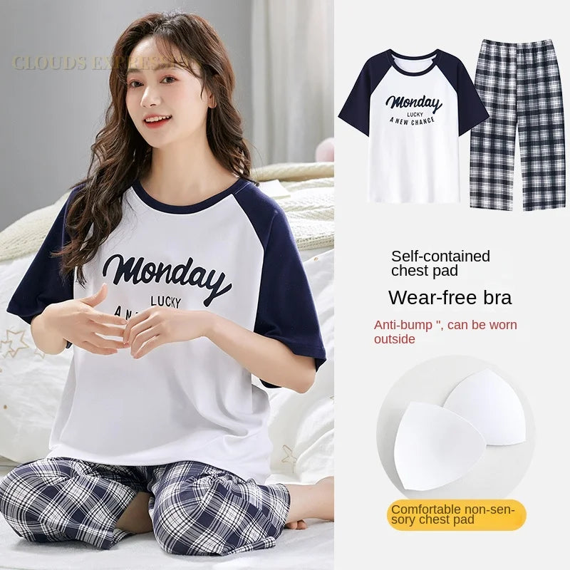 Summer Nightwear Pj Young Womens Pajama Sets Bust-Padded Pyjamas Femme Cartoon Sleepwear Female Loungewear Pijama Mujer Homewear