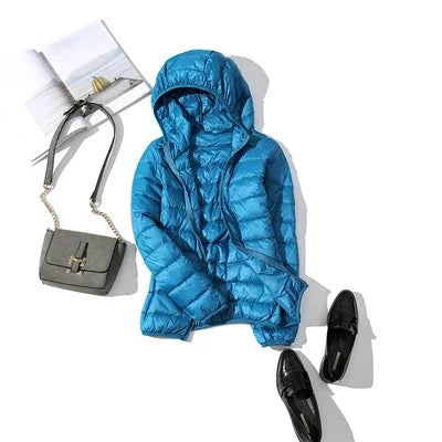 Women's Fashion Hooded Short Puffer Jackets 2025 New Spring Winter 90% White Duck Down Lightweight Packable female Warm Parka