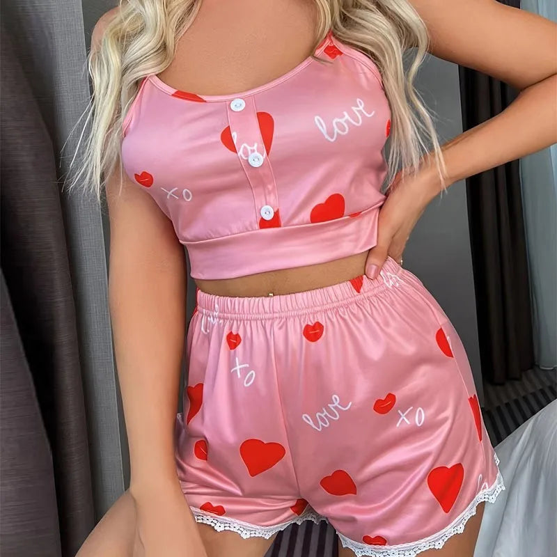 Women's Summer 2-Piece Printed Pajama Set Milk Silk Round Neck Heart Pattern Camisole Shorts Comfortable Homewear Sleepwear ﻿