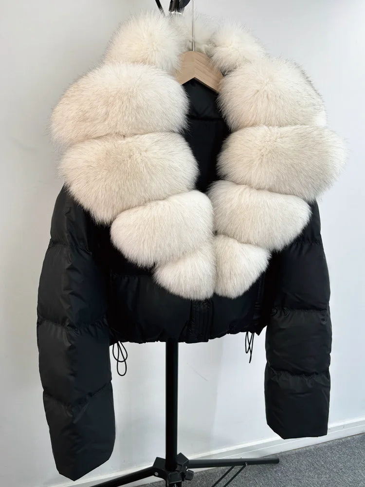 Janveny Large Natural Fox Fur Collar 90% White Duck Down Jacket Women Winter Short Waterproof PU Puffer Coat Female Thick Parkas