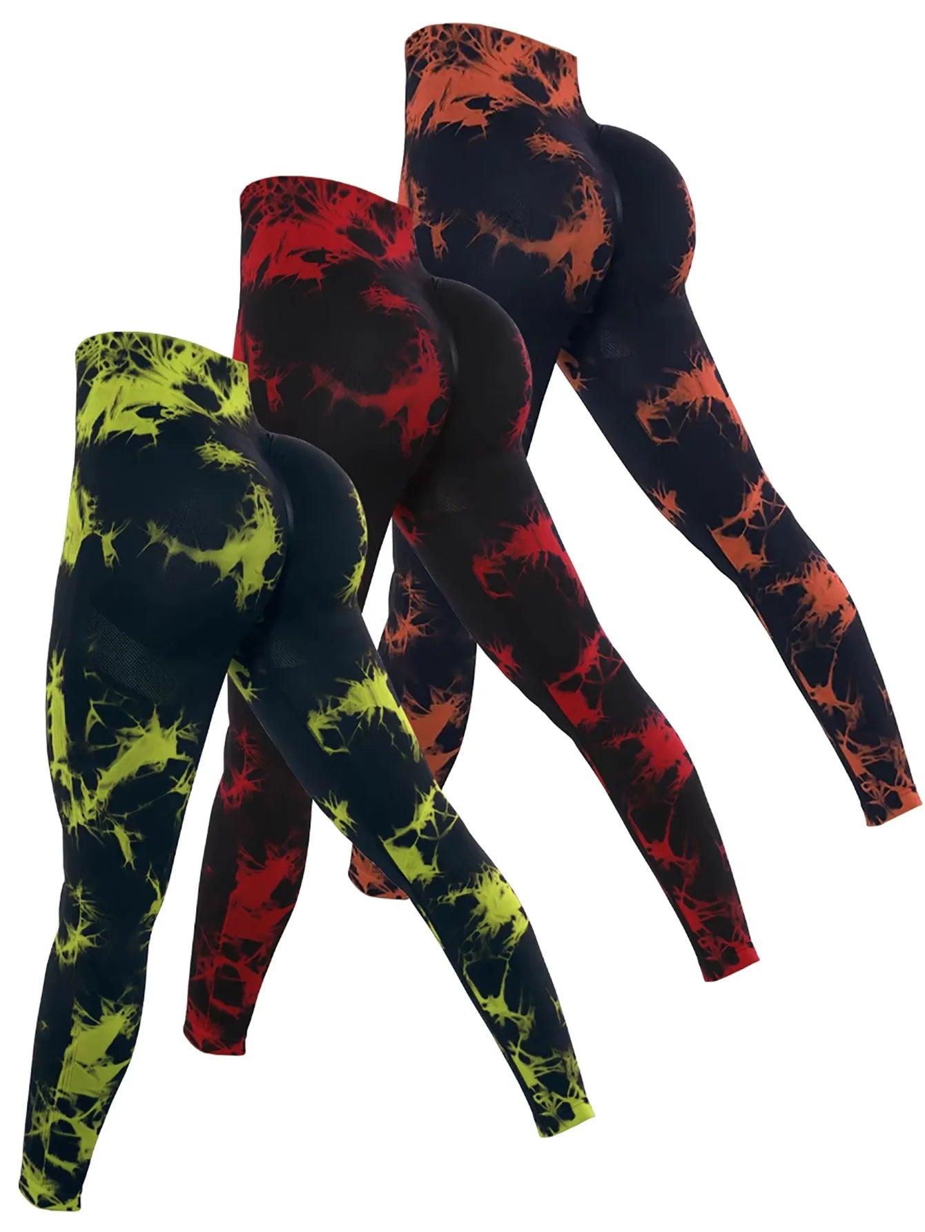 CZGUK Three Piece Women's Tie Dyeing High Waist Seamless Yoga Pants High Waist Sweat Absorbing Outdoor Fitness Tights