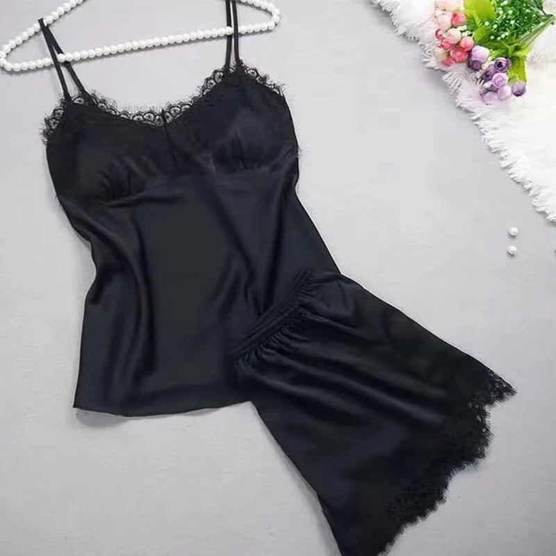 Women Halter Pajamas  Camisole Shorts Home Wear Red Black Sexy Lace Ventilate Classic Summer Thin Pajamas Without Chest Cushion