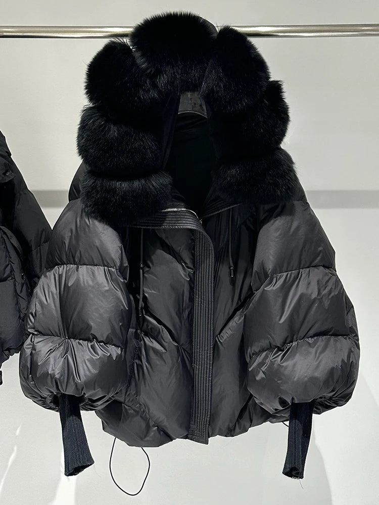 Lagabogy 2025 New Winter Large Real Fur Hooded Puffer Jacket Women White Duck Down Mid Long Parka Thick Warm Knitted Sleeve Coat