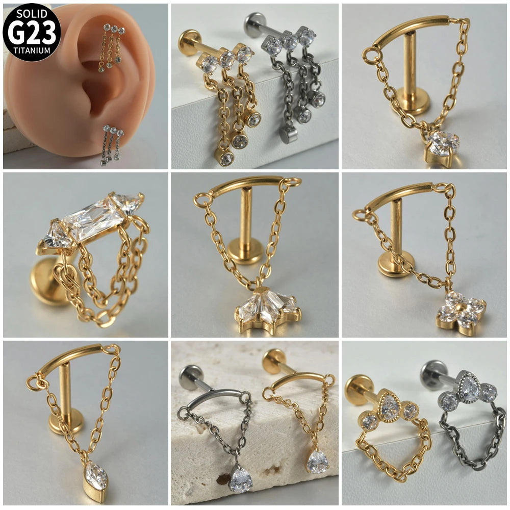 Dreamlee G23 Solid Titanium Chain Dangling Rook Helix Stud Inner Screw Flat Back Tragus Cartilage Earring Lobe Labret Piercing
