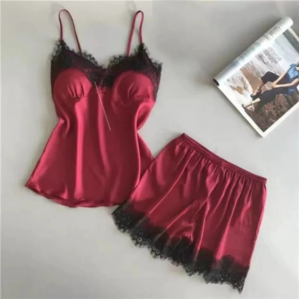 Women Halter Pajamas  Camisole Shorts Home Wear Red Black Sexy Lace Ventilate Classic Summer Thin Pajamas Without Chest Cushion