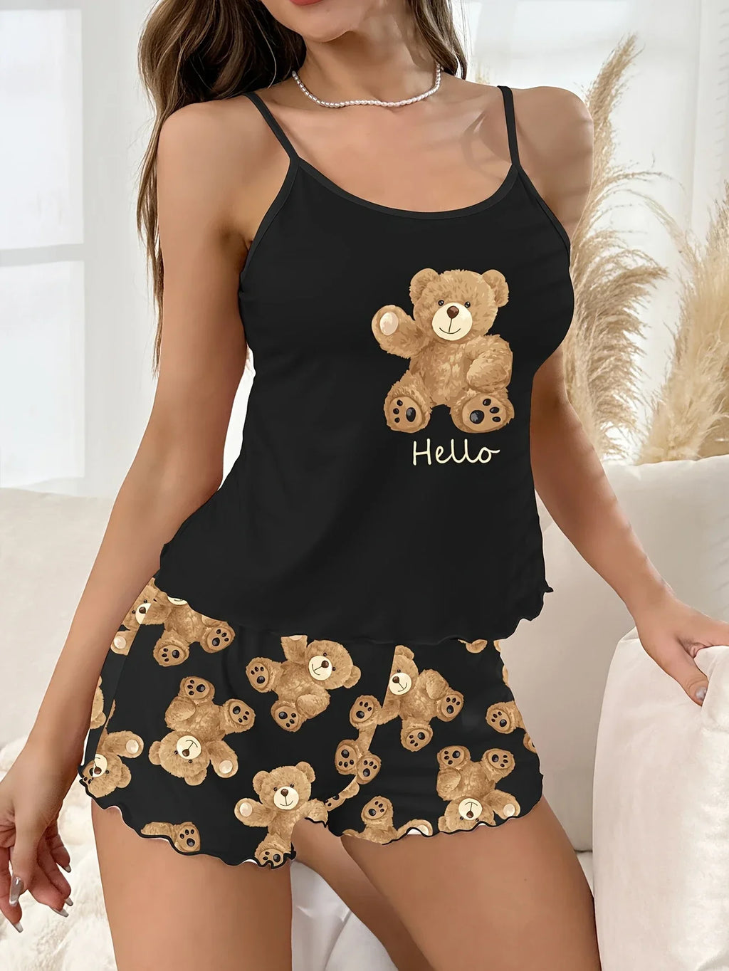 Cute Bear Printed Pajamas Set for Women's Loungewear Sling Crop Tops and Shorts Summer Sleepwear Home Wear Clothes