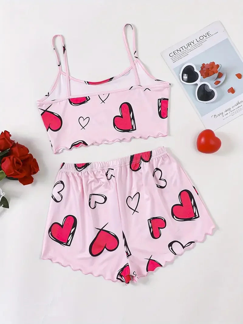 Summer Women's Sexy Pajamas Set Heart Print Sling Sleepwear V-Neck Pyjamas Sleeveless Cute Top and Shorts Loungewear