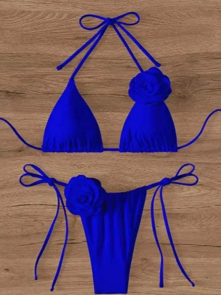 Sexy Flower Bandeau Swimwear Thong Bikini Women Lace-up Swimsuits Swimming Bathing Suit Brazilian Bikinis Set Mujer Biquini