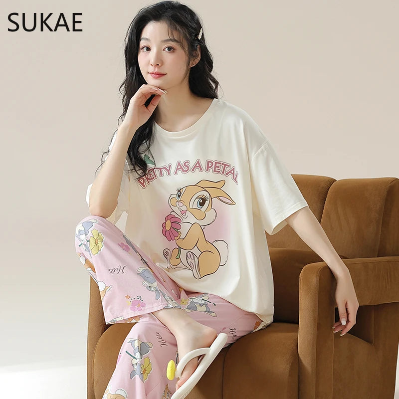 SUKAE Cute Animals Short Sleeves Full Pants Cartoon Sleepwear Women Summer Leisure Pajamas Nightwear Faux Cotton Girls Nightwear