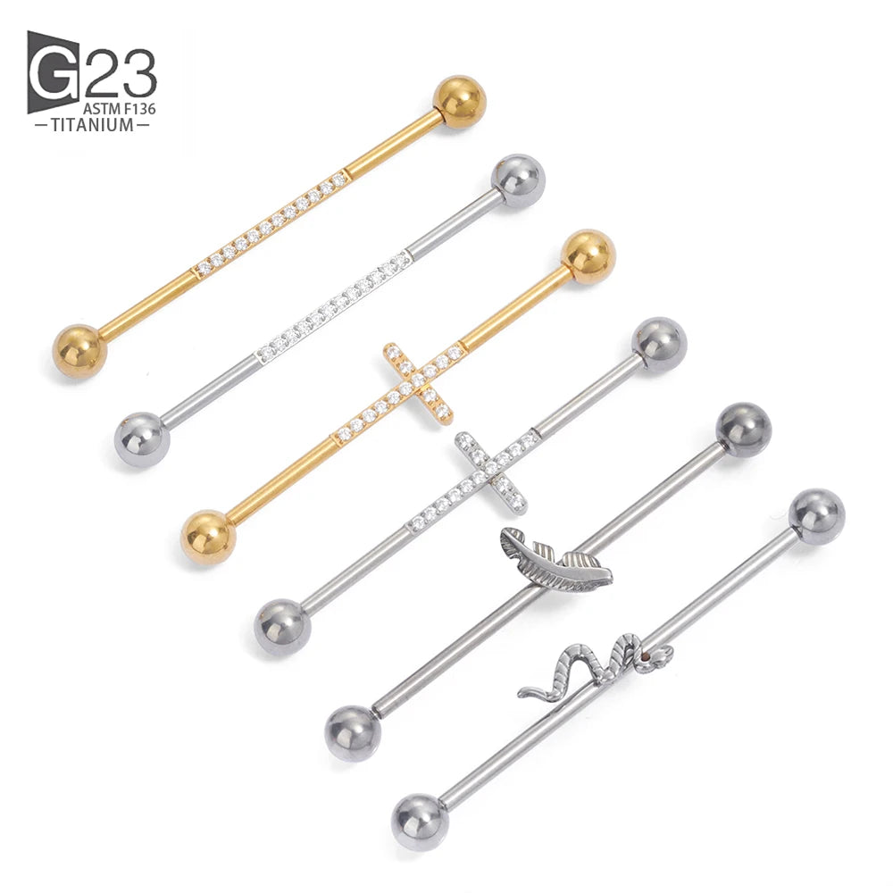14G 38mm G23 Titanium CZ Industrial Feather Barbell Ear Cartilage Helix-Conch Piercing Bar Earring Stud Body Jewelry