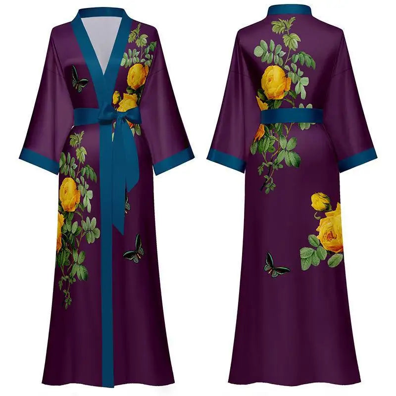 New Spring Summer Women Long Robe Kimono Bathrobe Gown Sexy Black Print Sleepwear Nightgown Casual Half Sleeve Satin Home Dress