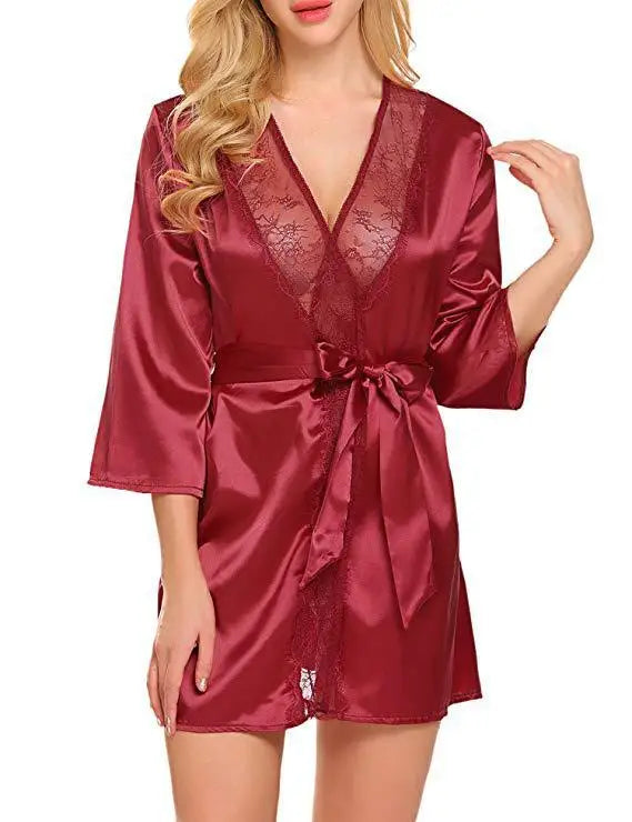 Women Sexy Lace Satin Robe Sleepwear Short Nightgown Kimono Bathrobe Lingerie Nighty Dress Soft Comfortable Black Plus Size