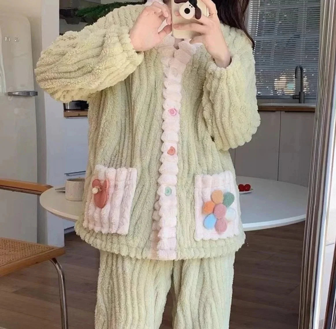 Épaissi chaud flanelle femmes vêtements de nuit vêtements de détente Cardigan costume hiver doux Kawaii doux  dames pyjamas Home