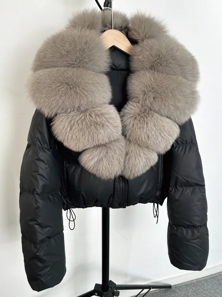 Janveny Large Natural Fox Fur Collar 90% White Duck Down Jacket Women Winter Short Waterproof PU Puffer Coat Female Thick Parkas