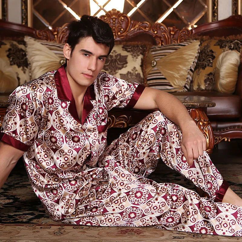 New Male Pajamas Set Homewear Print Short Sleeve Trouser Suits Pijamas Silky Satin Men Sleepwear Lounge Wear Loose Pyjama