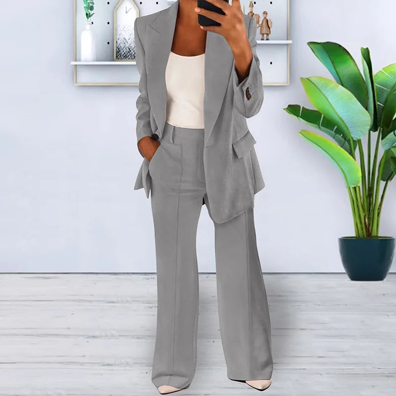 Women's Sets Two 2 Pieces Sale Casual Pocket Single Button Blazer Jackets& High Elastic Waist OL Workwear Wide Leg Pant Suits
