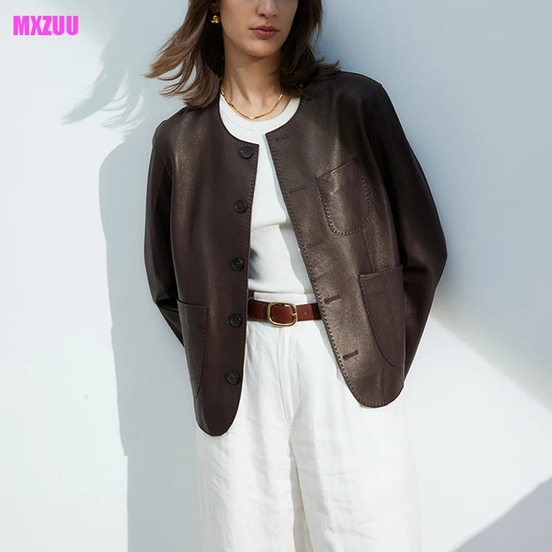 Women's Autumn Clothing European High Quality Sheepskin Casual O-Neck Single-Breasted Coffee Litchi Stria Genuine Leather Jacket