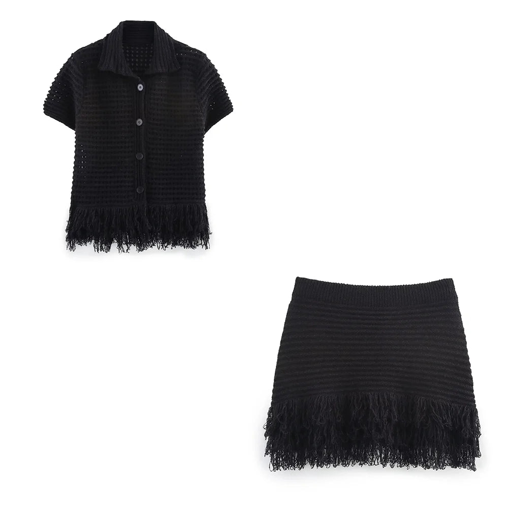 KONDALA 2026 Spring Summer Elegant Knitted Tassel Solid Women Suit Turndown Collar Hollow Out Shirt Elastic Wasit Mini Skirt