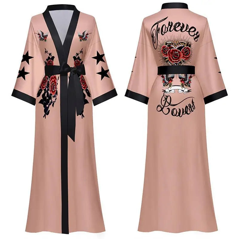 New Spring Summer Women Long Robe Kimono Bathrobe Gown Sexy Black Print Sleepwear Nightgown Casual Half Sleeve Satin Home Dress