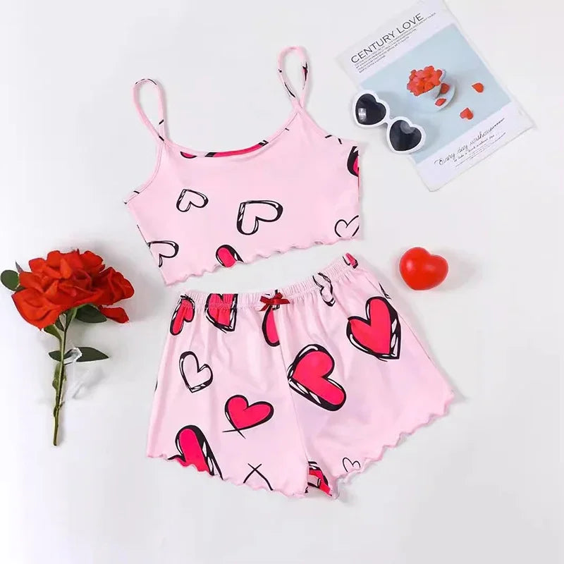 Summer Women's Sexy Pajamas Set Heart Print Sling Sleepwear V-Neck Pyjamas Sleeveless Cute Top and Shorts Loungewear