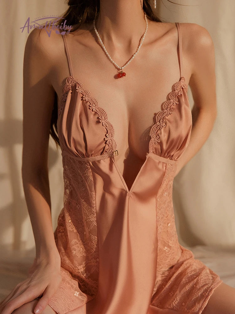 Satin Nightgown Front Buckle Lace Spaghetti Strap Night Dress Pajamas Women's Sleepwear Ice Silk Nightdress with Chest Pad
