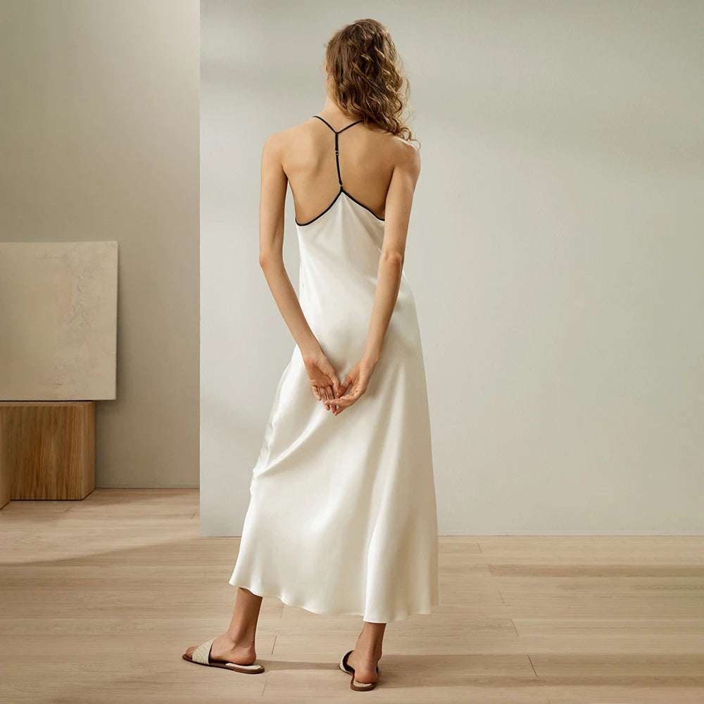 LILYSILK Women's Silk Suede Nightdress Ladies Contrast Piping Maxi Sleepwear with Minimalist Design for Lounge Relax Casual