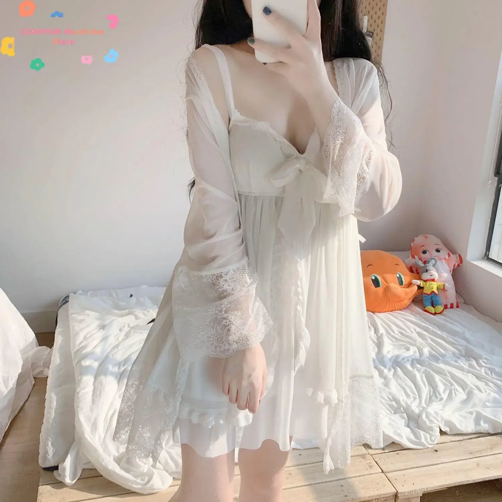 White Satin 2Pcs Sleep Set Princess Homedress Silkly Mesh Robe Sweet Spaghetti Strap Multilayer Lace Trim Nightgown Sleepwear