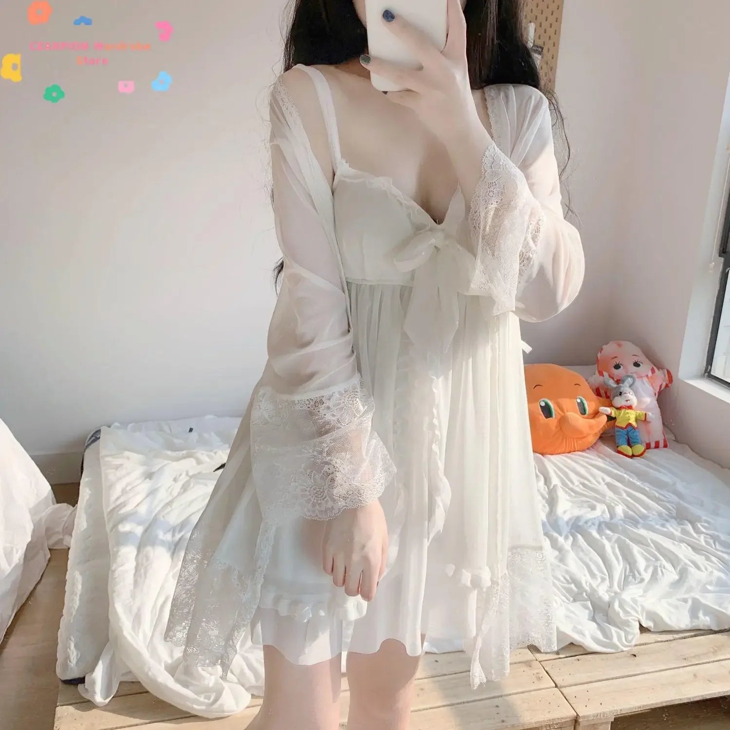 White Satin 2Pcs Sleep Set Princess Homedress Silkly Mesh Robe Sweet Spaghetti Strap Multilayer Lace Trim Nightgown Sleepwear