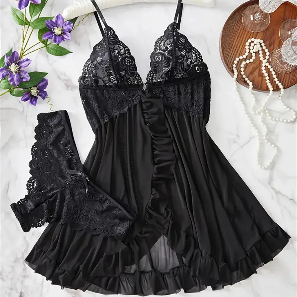 Elegant Transparent Red Sexy Lingerie Women's Underwear See Through Sleepwear Lace Nightdress Panty Pijamas Sets Female Babydoll