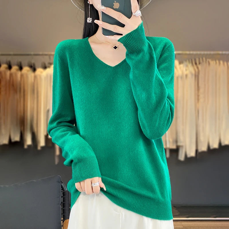 New Women's V-neck First-line Ready-To-Wear Sweater Long Sleeve Jumper Loose Fashion Comfortable Solid Color SweaterZD