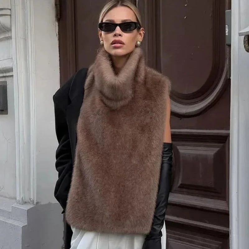 2025 Brand Fashion Warm Faux Fur Sable Vest Crop Top Autumn Winter Turtleneck Faux Mink Fur Tank Tops Sleeveless Jacket Coat