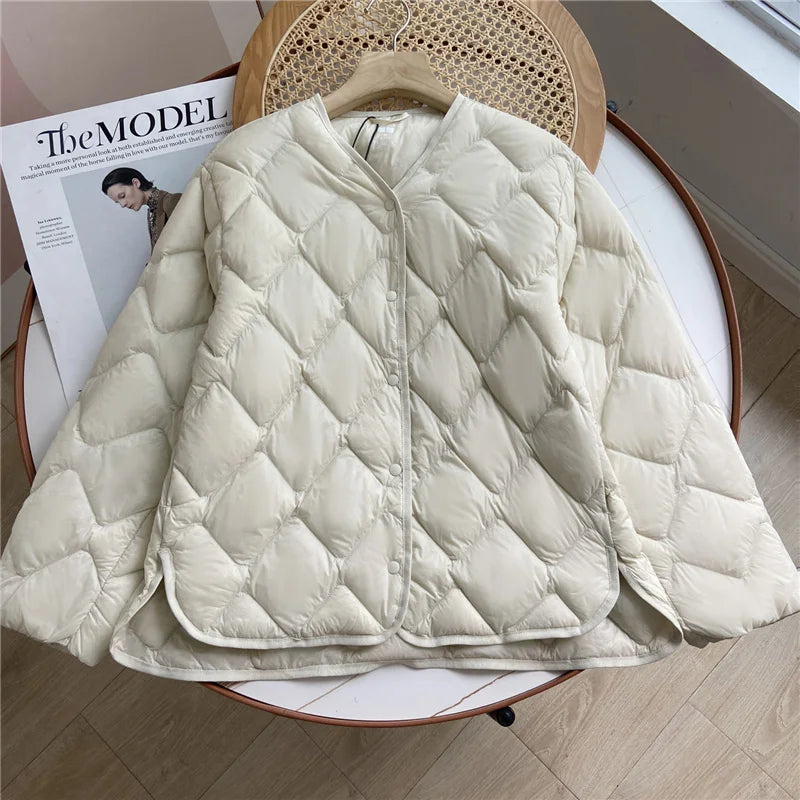 Janveny 2025 New Autumn Winter Ultra Light Collarless Soft Puffer Jacket Women Casual Loose Single Breasted 90% Duck Down Coat