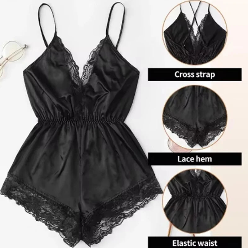 Summer New Sexy Fashion Women Lace Splice Trim Backless Bow Shorts V-Neck Bodysuit Women Sleep Wear Set