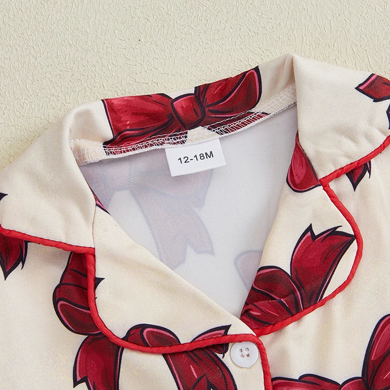 Cute Infant Baby Girl 2Pcs Pajamas Feather Trim Long Sleeve Bow Print Shirt + Pants Set Toddler Sleepwear Homewear Clothing