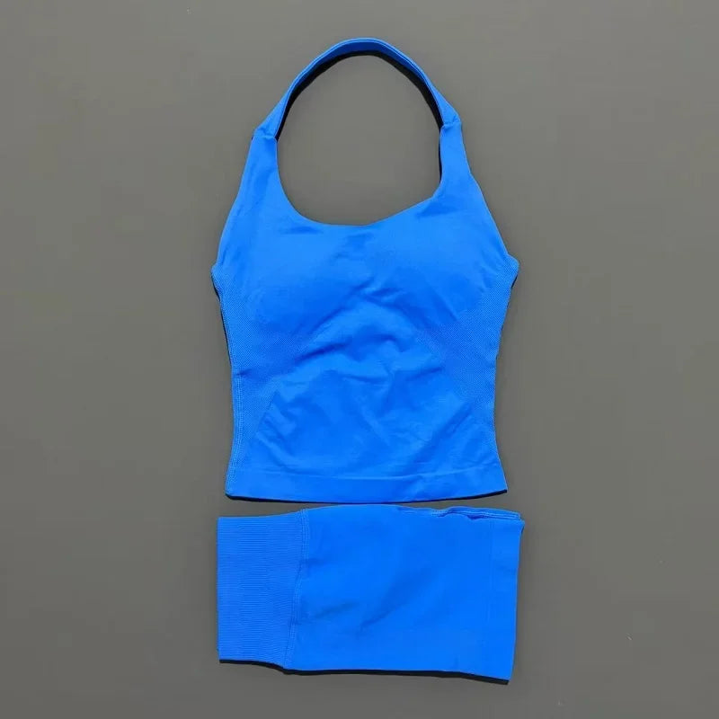 2 Pcs HISTELLO Halter Top Strappy Bra Shorts Set Women Yoga Workout Clothes Seamless Vest Hip-Lifting Sports Leggings Gym Suit