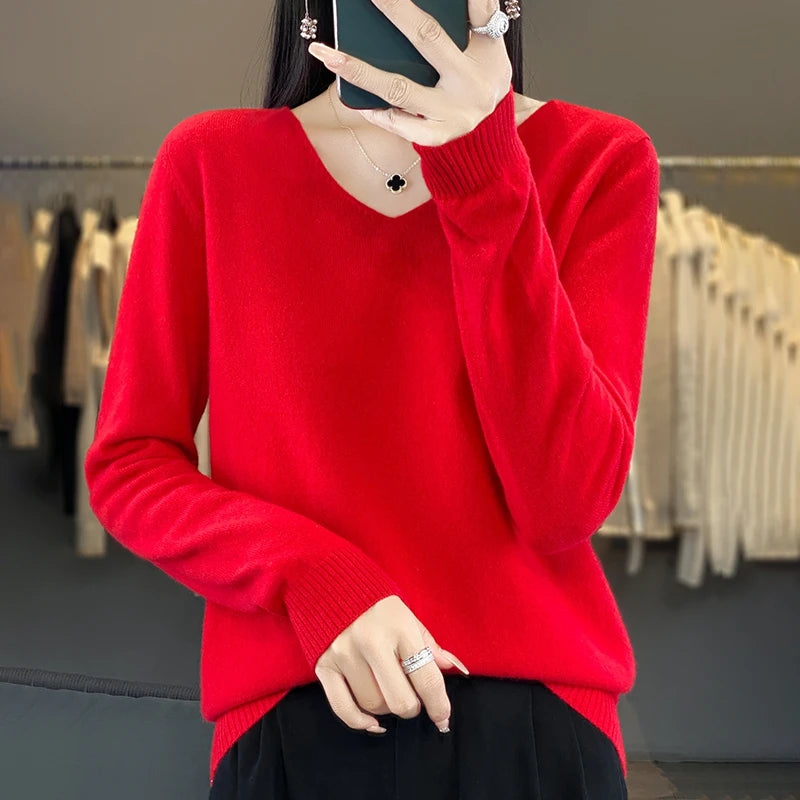 New Women's V-neck First-line Ready-To-Wear Sweater Long Sleeve Jumper Loose Fashion Comfortable Solid Color SweaterZD