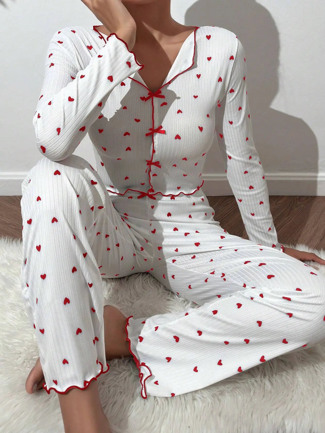 2 Piece Sets Women Pajamas Suit Top Pants Ensemble Sleepwear Heart Print Bow Loungewear Female Autumn Outfits Nightwear 2025