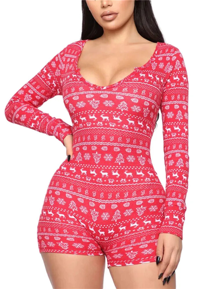 hirigin Christmas Bodysuit Women Fashion Printed Long sleeve Single-breasted Jumpsuits Romper Sexy Women Homewear Sleepwear
