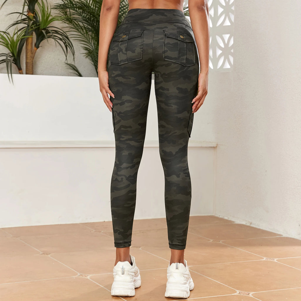 CHRLEISURE Digital Print Camouflage Work Yoga Pants Seamless Sports Legging with Pocket Gym Fitness Tight Elastic Slim Workwear
