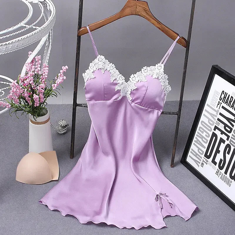 Hot Summer Women Silk Robe Dress Babydoll Nightdress Solid V-neck Sexy Lingerie Nightgown Sleepwear
