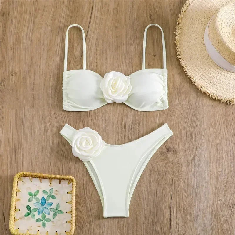 Sexy Flower Bandeau Swimwear Thong Bikini Women Lace-up Swimsuits Swimming Bathing Suit Brazilian Bikinis Set Mujer Biquini
