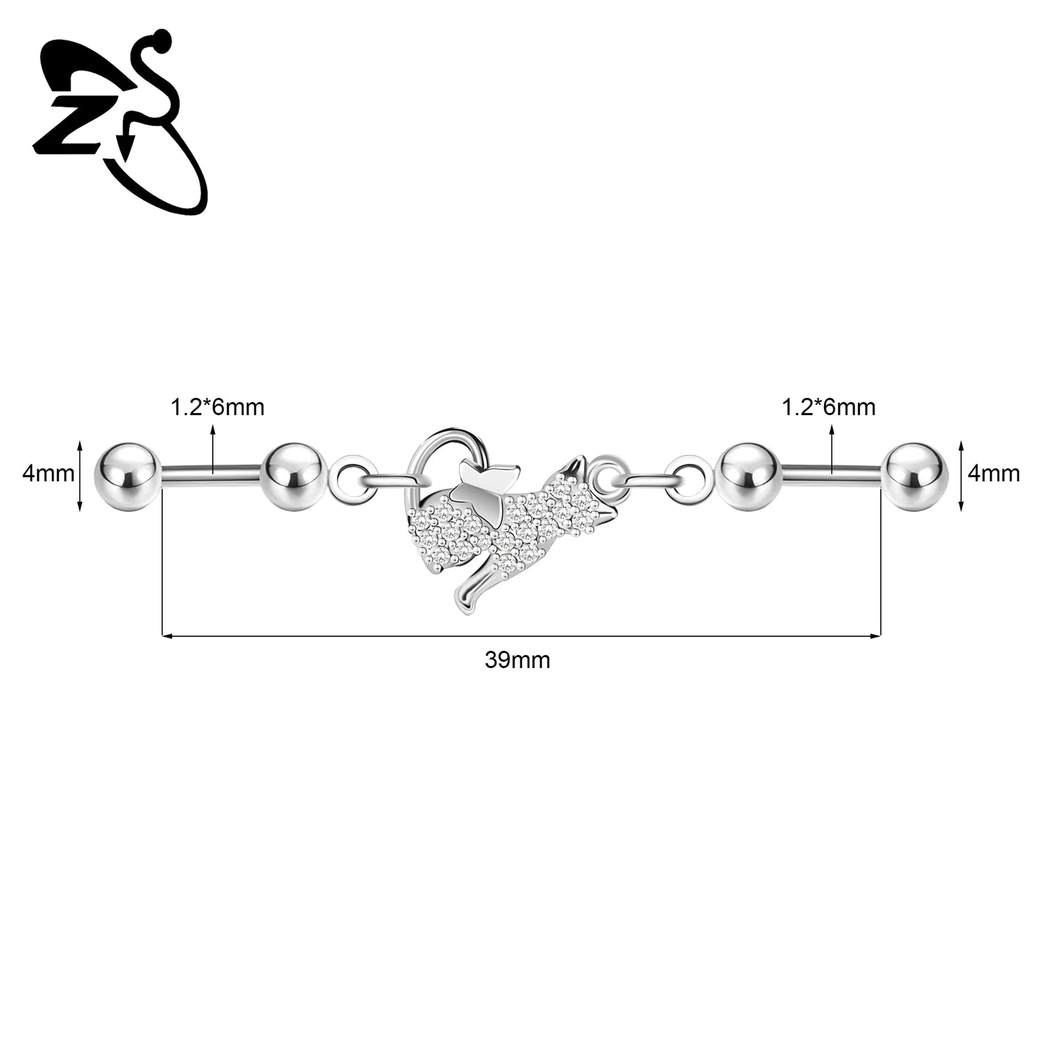 ZS 1 Piece 14/16G Stainless Steel Long Industrial Barbell Ring 22-52MM Butterfly Cat Cartilage Helix Earring Piercings Jewelry