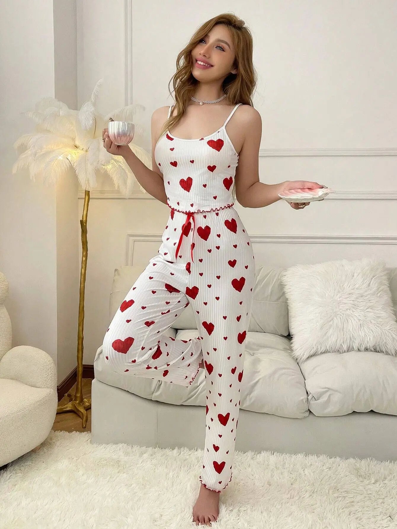 Women Pajamas 2 Piece Sets Camisole Pants Summer Sleeveless Suspender Top Trousers Sleepwear Ensemble Sweet Print Nightwear Suit