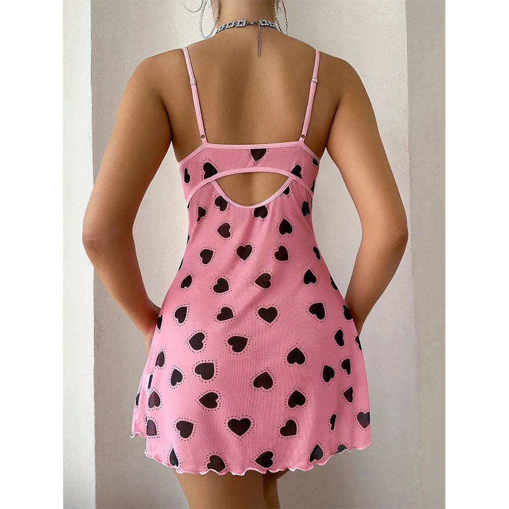 Pajamas Heart Print Lace Patchwork Camisole Dress Sexy Pure Desire Erotic Slim Fit Short Dress Bowknot Deep V Sleeveless Dress