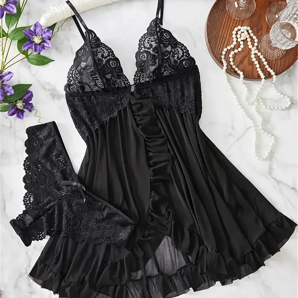 Elegant Transparent Red Sexy Lingerie Women's Underwear See Through Sleepwear Lace Nightdress Panty Pijamas Sets Female Babydoll