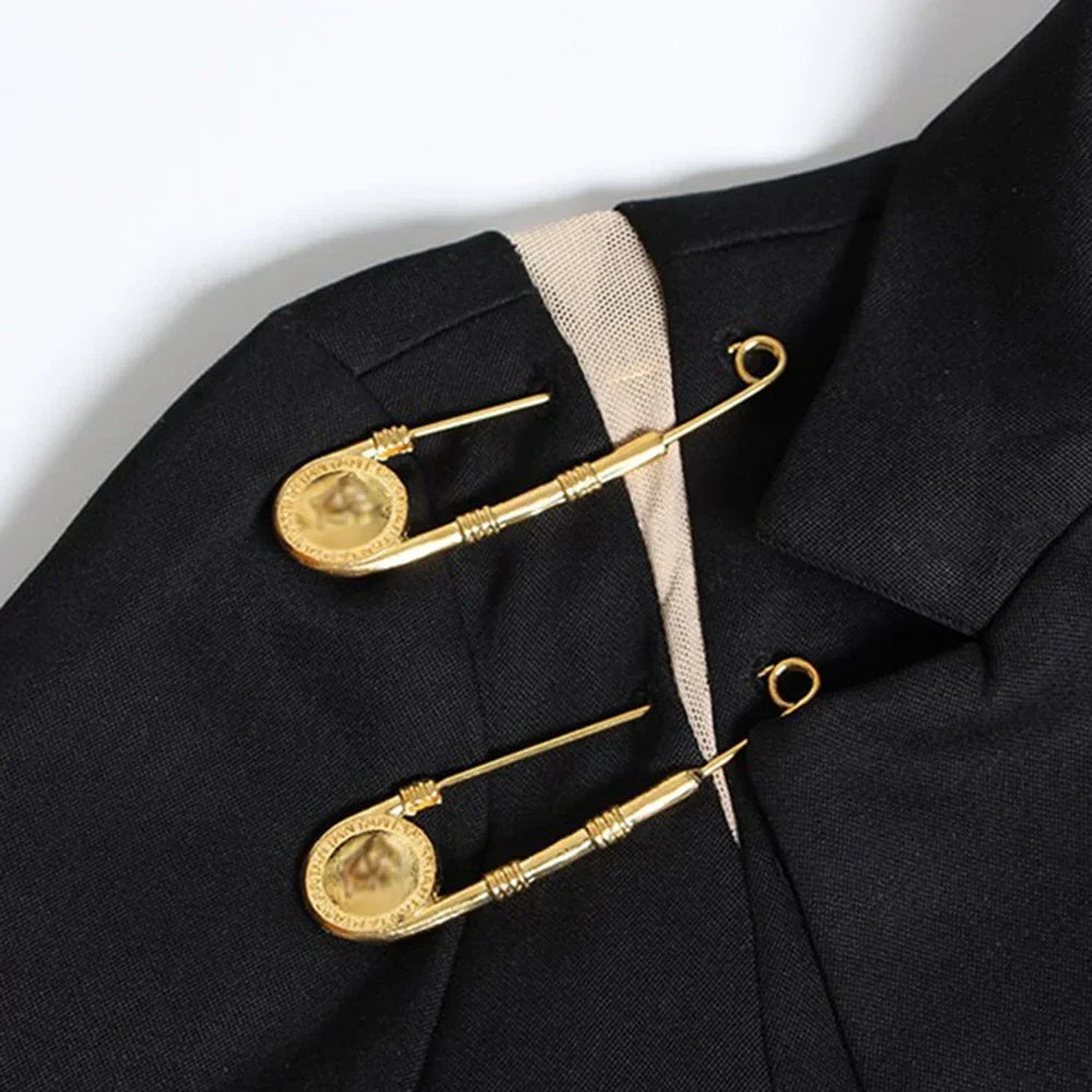 VGH Chic Spliced Metal Pin Slimming Blazer for Women Notched Collar Long Sleeve Patchwork Mesh Hollow Out Fashion Jacket Female
