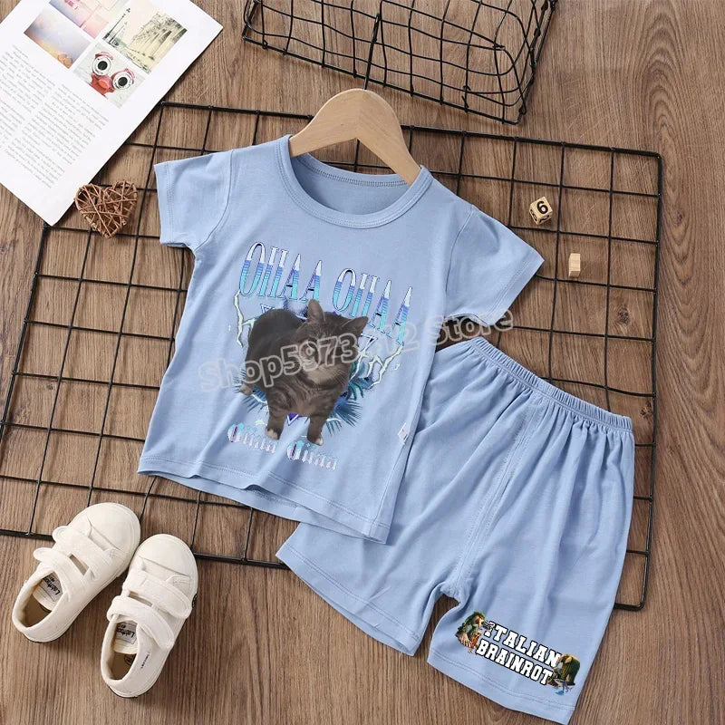 Italian Brainrot Pajama Sleepwear Child Funny Shark Tung Sahur Meme Cartoon Soft Pyjamas Set Nightgown Girl Boy Home Loungewear